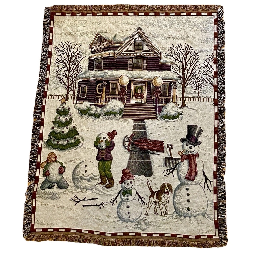 Vintage Winter Christmas Tapestry Blanket Throw Snow Victorian House Snowman Kid